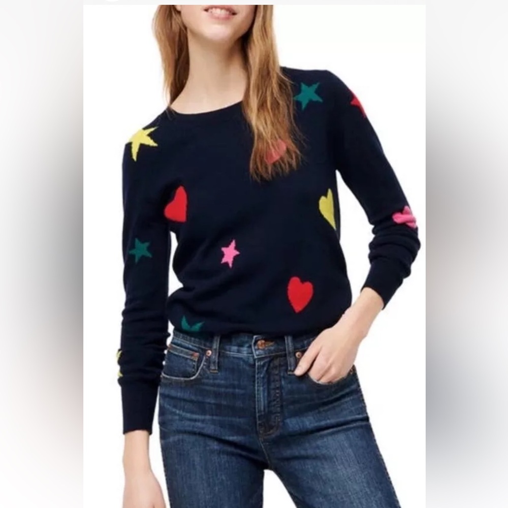 J. Crew Navy Sweater with Colorful Stars and Hearts